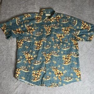 Vintage CROSSINGS Mens Hawaiian Shirt Blue Island Palms 90s Floral L